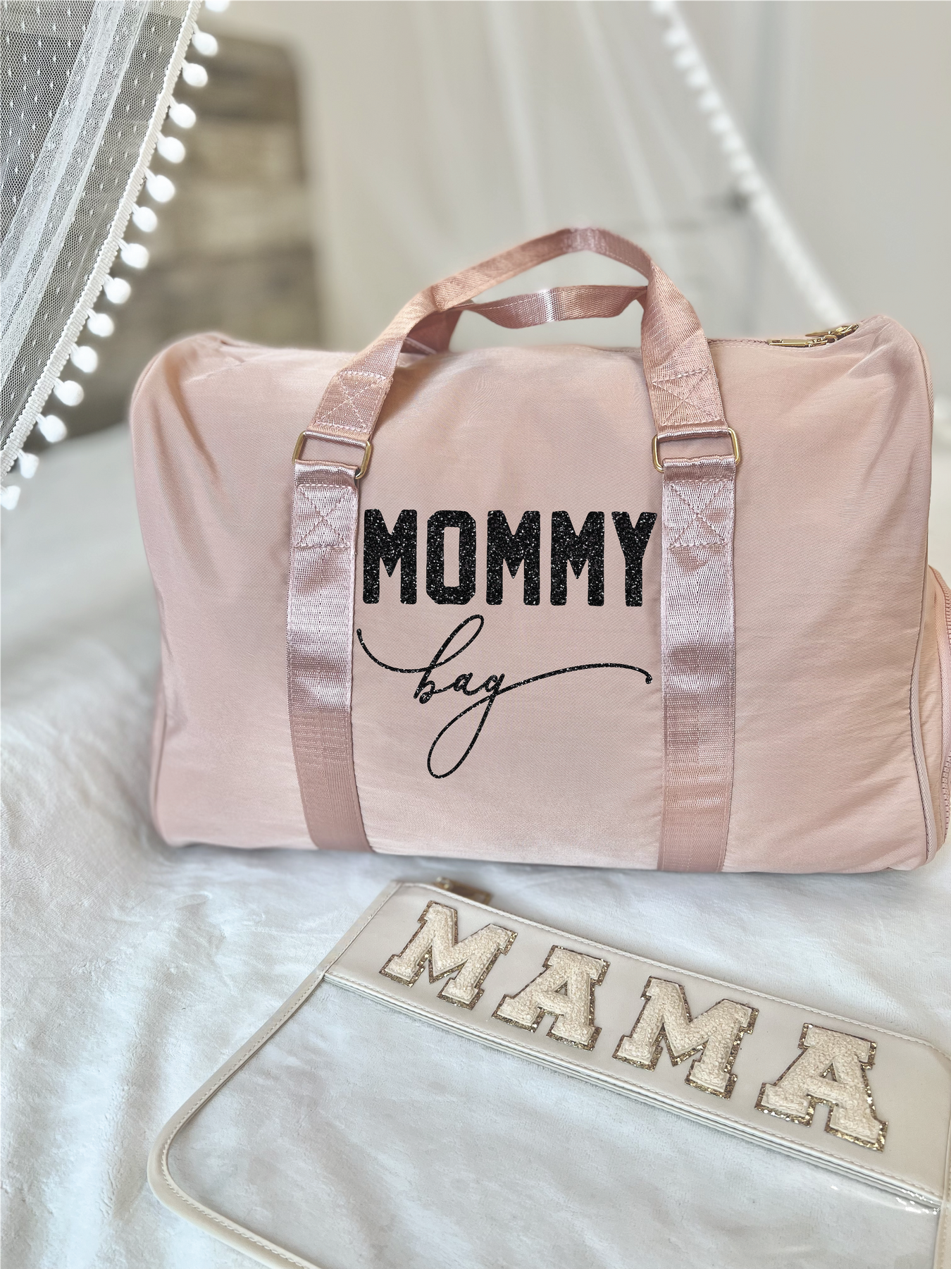 Buy wholesale Milk White Embroidered Duffel Bag - Baby love on the go